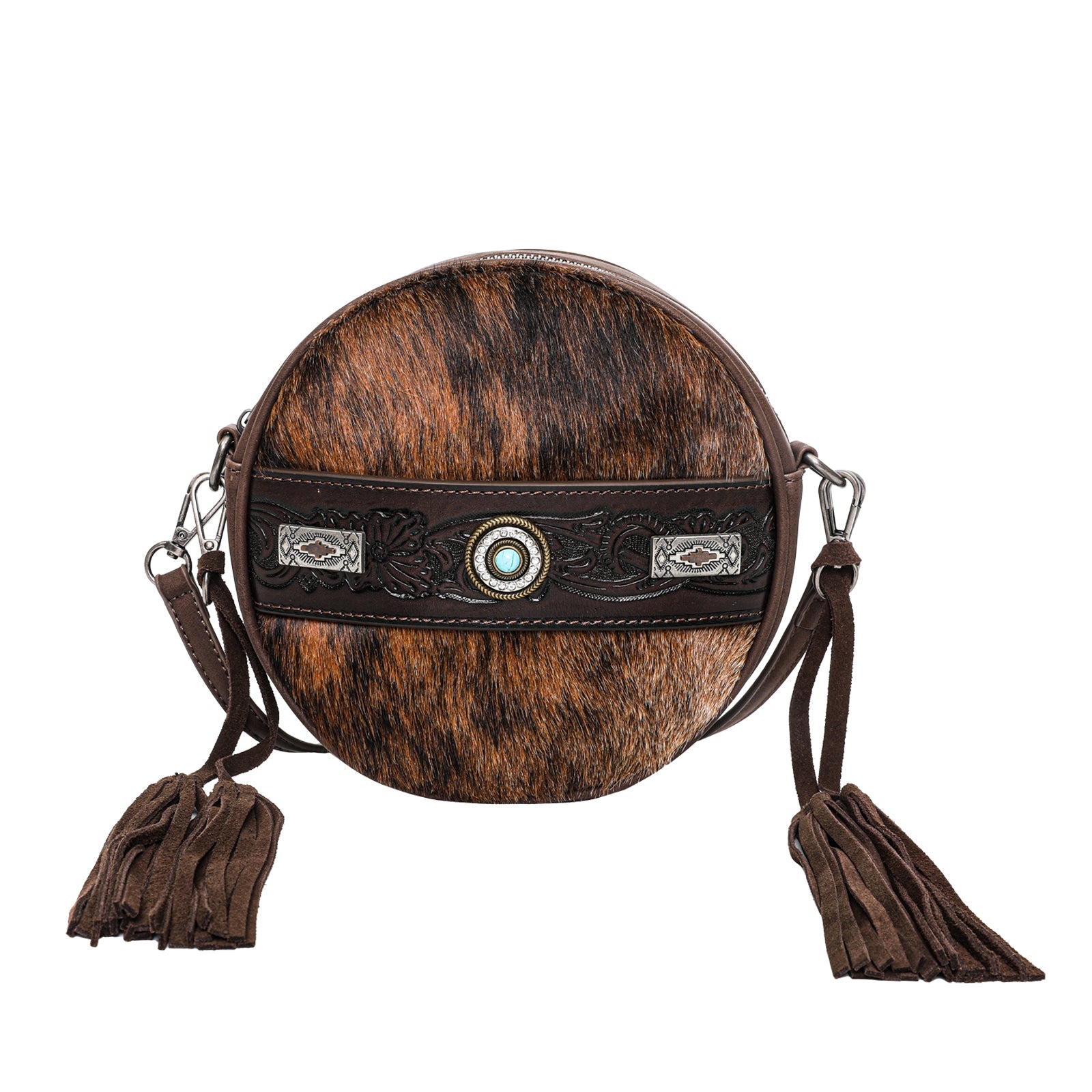 Turquoise Charm Western Cowhide Leather Fringe Design Crossbody Shoulder  Purse